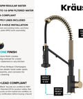 KRAUS Bolden 2-in-1 Pull Down Kitchen Faucet with Integrated Water Filter Tap for Reverse Osmosis or Water Filtration System in Spot-Free Antique Champagne Bronze/Matte Black, KFF-1610SFACBMB showing specifications and dimensions.