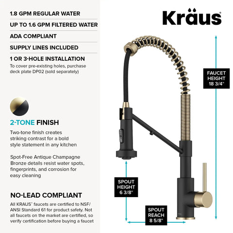 KRAUS Bolden 2-in-1 Pull Down Kitchen Faucet with Integrated Water Filter Tap for Reverse Osmosis or Water Filtration System in Spot-Free Antique Champagne Bronze/Matte Black, KFF-1610SFACBMB showing specifications and dimensions.