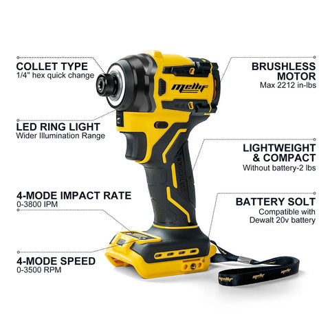 Beast Quarter Inch Impact Driver For Dewalt 20V And 60V Max Batteries Tool Only, side view showing LED ring light and features