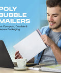 Person holding White 6x10 Inch Poly Bubble Mailers With Easy Seal Padded Envelopes near a laptop, depicting secure packaging use.