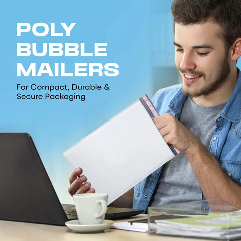 Person holding White 6x10 Inch Poly Bubble Mailers With Easy Seal Padded Envelopes near a laptop, depicting secure packaging use.