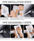 Pipe installation and disassembly steps for Top Notch 60W Desktop Dust Collector; hands demonstrating setup.