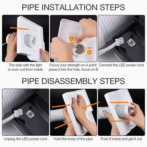 Pipe installation and disassembly steps for Top Notch 60W Desktop Dust Collector; hands demonstrating setup.
