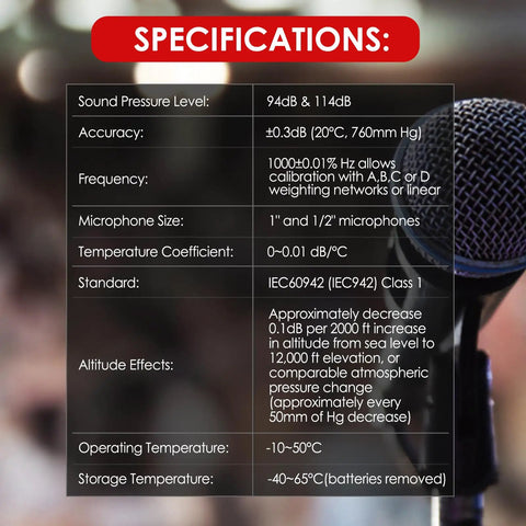 Pro Grade Digital Sound Level Meter Calibrator For Half Inch And 1 Inch Microphones, 94dB And 114dB Calibration Tool with Specifications