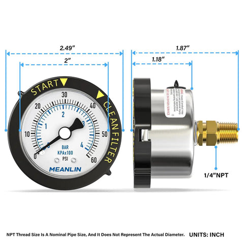 Stainless Steel Start And Clean Filter Pressure Gauge One Quarter Inch NPT Two Inch Dial Back Mount With Rotatable Plastic Frame