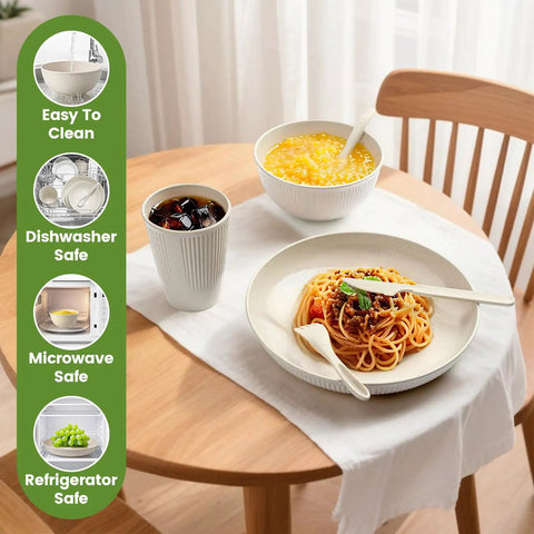36 Piece Reusable Wheat Straw Dinnerware Set For Six With Plates, Bowls, Cups, And Utensils, Unbreakable, Dishwasher Safe on table
