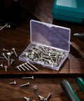 Pro Grade No Sweat Pack Of One Hundred Size Eight White Stainless Steel Self Tapping Wall Plate Screw Set in clear case.