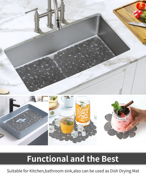 Pebble Sink Mat 2 Pack For Stainless Steel And Ceramic Sinks, PVC Dish Drying Mats in kitchen sink, non slip cushioned base, grey