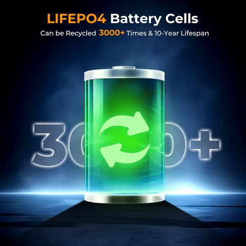 Lithium iron phosphate battery graphic highlighting 3000+ charge cycles, related to Laptop Power Station Your Go To 100W Portable Charger With 96Wh LiFePO4 Battery PD 3.0 Fast Charge USB C Multi Port For Laptop Phone Travel Camping Office Emergency Home.