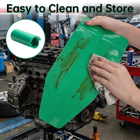Flexible Silicone Oil Change Funnel Set Bendable Foldable Spill Free With Magnetic Drain Plug Tool being cleaned in a garage