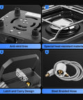 Details of Dual Burner Propane Camping Stove With Piezo Ignition showing anti-skid tires, heat-resistant tray, latch handle, hose