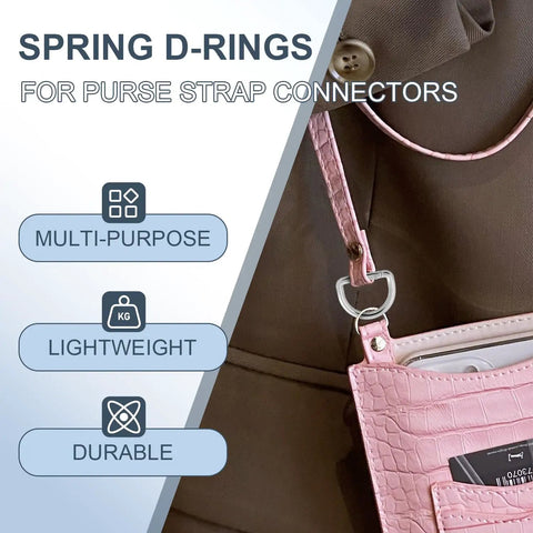 Close-up of Ten Pack One Inch Spring D Ring Purse Clips Metal Carabiner Keychain Clips attached to pink bag strap