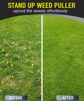 Before and after using Stand Up Weeder And Weed Puller Set 40 Inch With Foot Pedal Hand Weeder And Garden Gloves for lawn care.