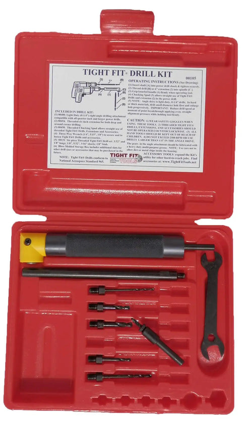 Red case with Right Angle Drill Attachment Kit For Tight Spaces, including 90 Degree Adapter, extension, bits, and wrench.