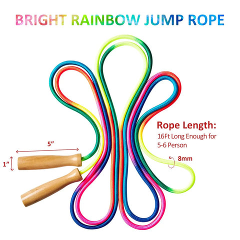 Rainbow Double Dutch Jump Rope Set Two Pack 16 Foot Long Jump Rope For Kids And Adults With Wooden Handles Durable Tangle Free For Group Play And School Gyms Great For Outdoor Crew Fun shown coiled with dimensions.