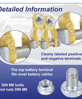 Heavy Duty One Pair Battery Terminal Connectors With Color Coded Washers Solid Brass Battery Post Adapter for Plug And Go Setup, showing labeled terminals.