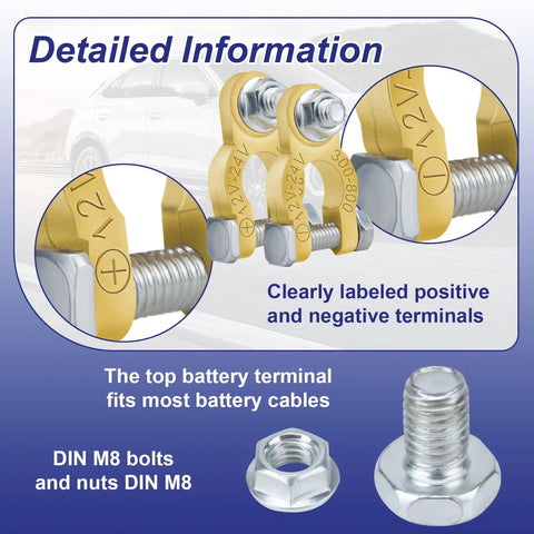 Heavy Duty One Pair Battery Terminal Connectors With Color Coded Washers Solid Brass Battery Post Adapter for Plug And Go Setup, showing labeled terminals.