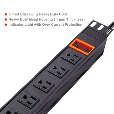 Rack Mount PDU With Eight Wide Spaced Outlets And 600J Surge Protection 15A 125V 1U Power Strip 6ft Cord Black with indicator light