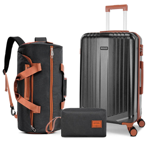 3 Piece Travel Luggage Set With Lightweight Hardshell Suitcases And Dual Spinner Wheels TSA Locks 20 Inch Carry On Gym Bag And Toiletry Bag Durable PC Plus ABS For Men And Women Black Great For Weekend Getaways And Business Travel Overhead Bin Friendly