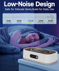 Sleeping woman next to Pro Grade 50KHz Jewelry Cleaner With 3 Modes And Digital Timer, highlighting low-noise feature.
