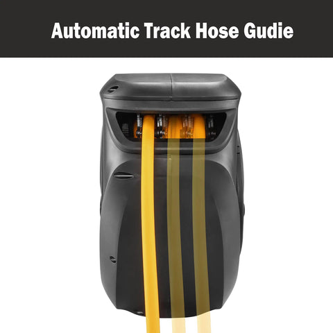 Retractable Three Eighths Inch 50 Ft Flex Hybrid Air Hose Reel with Quick Connect, automatic track hose guide visible