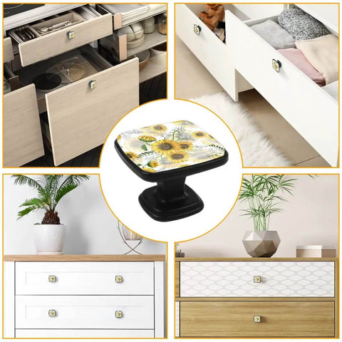 Slap These Four Pack Sunflower Cabinet Knobs Onto Your Dressers Or Kitchen Drawers For A Quick Remodel. Crafted From Durable Abs Glass With Matte Black Square Mounts That Bring Serious Cozy Vibes To Any Room. Display of sunflower knobs on kitchen and storage drawers.