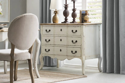 Coastal Pineapple Table Lamp With Linen Shade And Distressed Finish For Living Room Bedroom Nursery Or Office Brings Dope Beach Vibe And Warm Light With Modern Flair To Any Space on white dresser