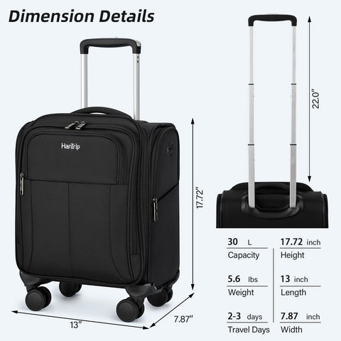 Front view of HanTrip 16-inch softside underseat carry-on luggage with wheels, black.