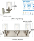 Three Light Vanity Light Fixture In Brushed Nickel With Clear Glass Shades For Modern Bathrooms, fixture dimensions detailed