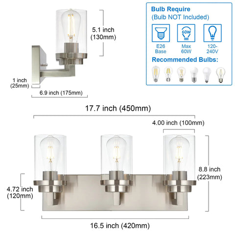 Three Light Vanity Light Fixture In Brushed Nickel With Clear Glass Shades For Modern Bathrooms, fixture dimensions detailed