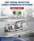 Lead-Free 8" Center Wall Mount Commercial Kitchen Faucet - 8" Swivel Spout with 360° swivel for large kitchens.