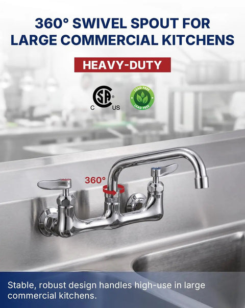 Lead-Free 8" Center Wall Mount Commercial Kitchen Faucet - 8" Swivel Spout with 360° swivel for large kitchens.