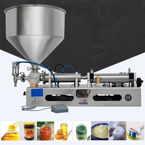 Heavy Duty Pneumatic Paste And Liquid Filling Machine Horizontal Bottle Filler Rock Solid Stainless Steel Frame with funnel.
