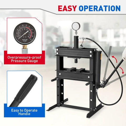 10 Ton H Frame Hydraulic Shop Press With Dual Press Plates Adjustable Work Table Height Heavy Duty Garage Floor Press