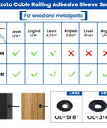 Comparison chart for Muzata cable railing adhesive sleeve series CR66 and CR91 with sizes and compatibility for wood and metal posts.