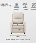 Front view of Push Back Manual Recliner Chair in beige fabric with track arms and bun feet, dimensions highlighted