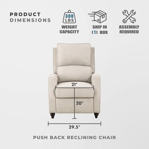 Front view of Push Back Manual Recliner Chair in beige fabric with track arms and bun feet, dimensions highlighted