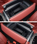 Close-up of BMW Center Console Organizer Tray installed in leather interior for 2020 to 2026 X5 X6 X7 models, showing custom fit.