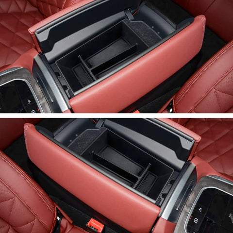 Close-up of BMW Center Console Organizer Tray installed in leather interior for 2020 to 2026 X5 X6 X7 models, showing custom fit.