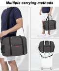 Under Seat Personal Item Duffel Bag 17 X 13 X 8 Inches With Free Pillow And USB Port, shown with multiple carrying methods