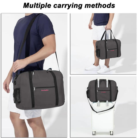 Under Seat Personal Item Duffel Bag 17 X 13 X 8 Inches With Free Pillow And USB Port, shown with multiple carrying methods