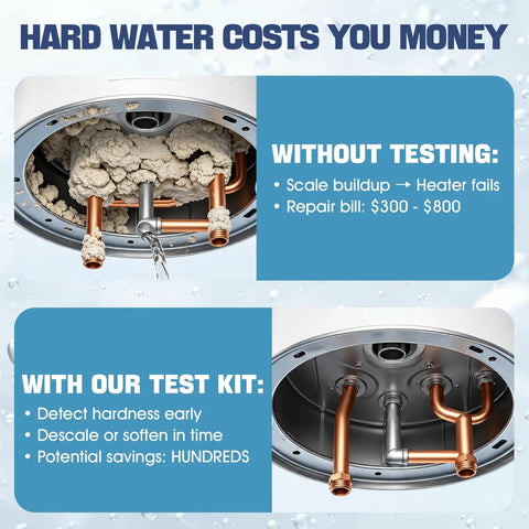 Comparison of a heater with and without Hard Water Test Kit For Drinking Water And Home Use, Fast Pro Grade Water Hardness Tester