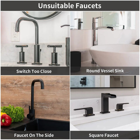 Four types of unsuitable faucets for use with XXL 30 Inch Silicone Faucet Mat Splash Guard Drip Catcher Tray.