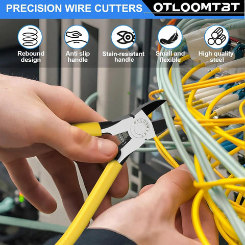 Ultra Sharp Compact Wire Cutters And Long Flat Nose Pliers 2 Pack For Crafts Flowers Plastics Home Appliances And Precise Clean Cuts In A Handy Pro Grade Cutter Set being used on yellow wires