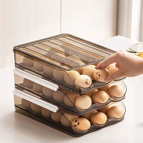 36 Grid Capacity Automatic Rolling Egg Holder For Refrigerator Two Layer Stackable Egg Tray Organizer in use, light brown