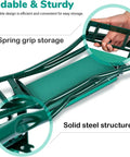Folded Garden Kneeler And Seat With Soft EVA Foam Pad And Heavy Duty Steel Frame Holds Up To 330 Lbs, featuring spring grip storage.