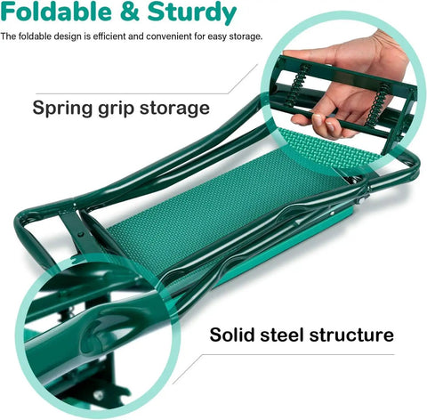 Folded Garden Kneeler And Seat With Soft EVA Foam Pad And Heavy Duty Steel Frame Holds Up To 330 Lbs, featuring spring grip storage.