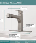 Xander Pull Out Kitchen Faucet With Sprayer Stainless Steel Fits Single Hole Or 3 Hole Mount High Arc Tap with dimensions shown