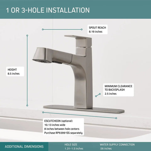 Xander Pull Out Kitchen Faucet With Sprayer Stainless Steel Fits Single Hole Or 3 Hole Mount High Arc Tap with dimensions shown