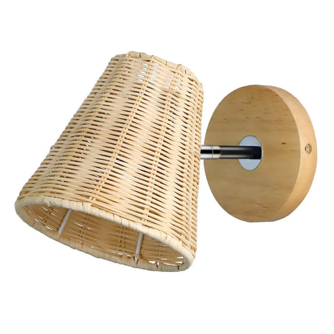Wicker lampshade wall sconce lamp with wooden mount, rustic design.